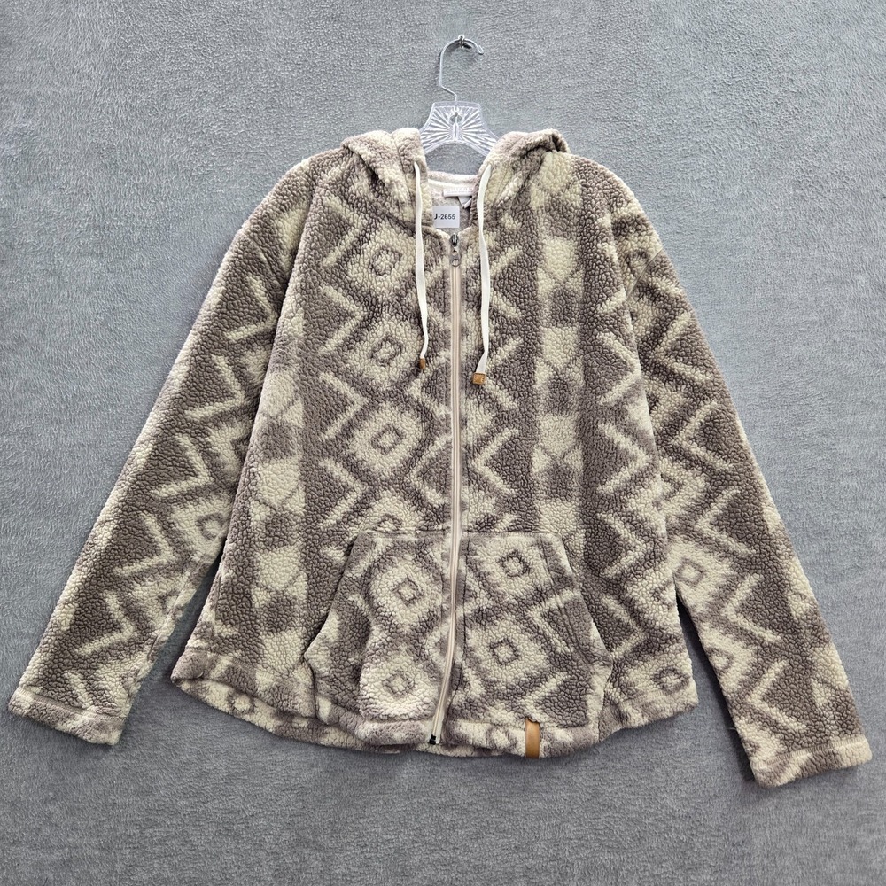Shyanne Women Sweatshirt XL Brown Geometric Southwestern Sherpa Hoodie Full Zip